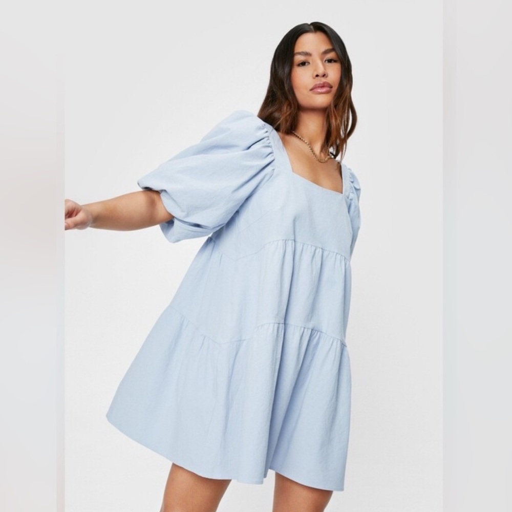 Nasty Gal Linen Look Puff Sleeve Smock Tiered Mini Dress Size Large NEW